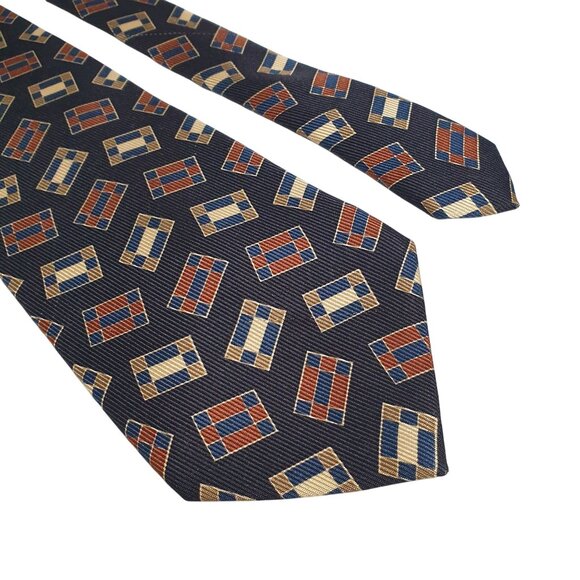 Burberrys Of London Men Silk Necktie Black Brown Geometric Pattern 4 Inches Wide - Picture 2 of 5